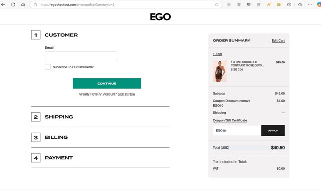 Ego Shoes checkout page showing Ego Shoes coupon code box | Screenshot taken by SimplyCodes community member on Apr 5, 2025