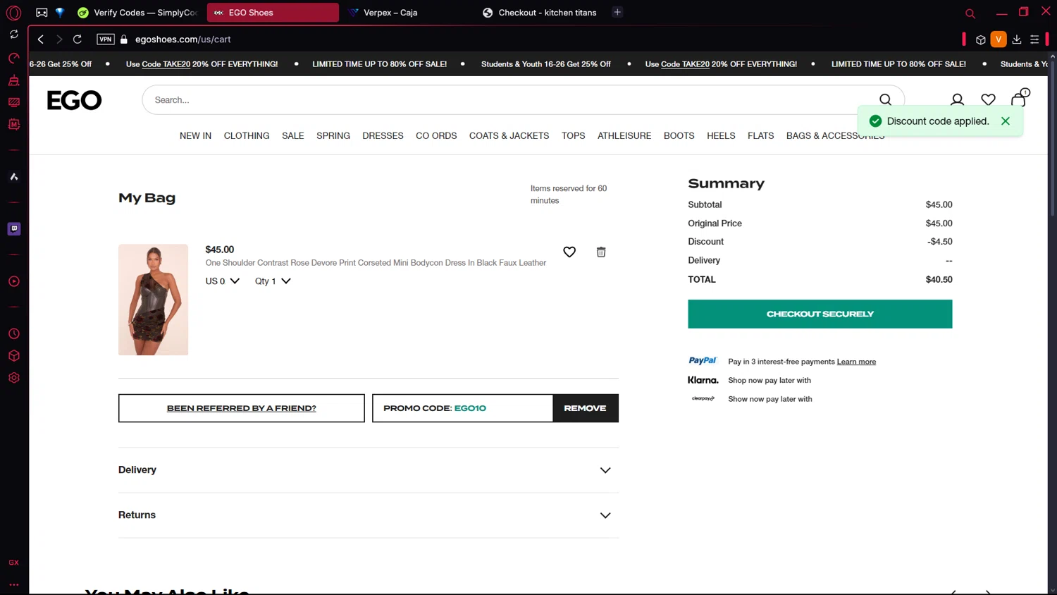Ego Shoes coupon code screenshot showing code EGO10 applied at Ego Shoes checkout page. Uploaded by SimplyCodes community member BrilliantLion4485 on Mar 7, 2025