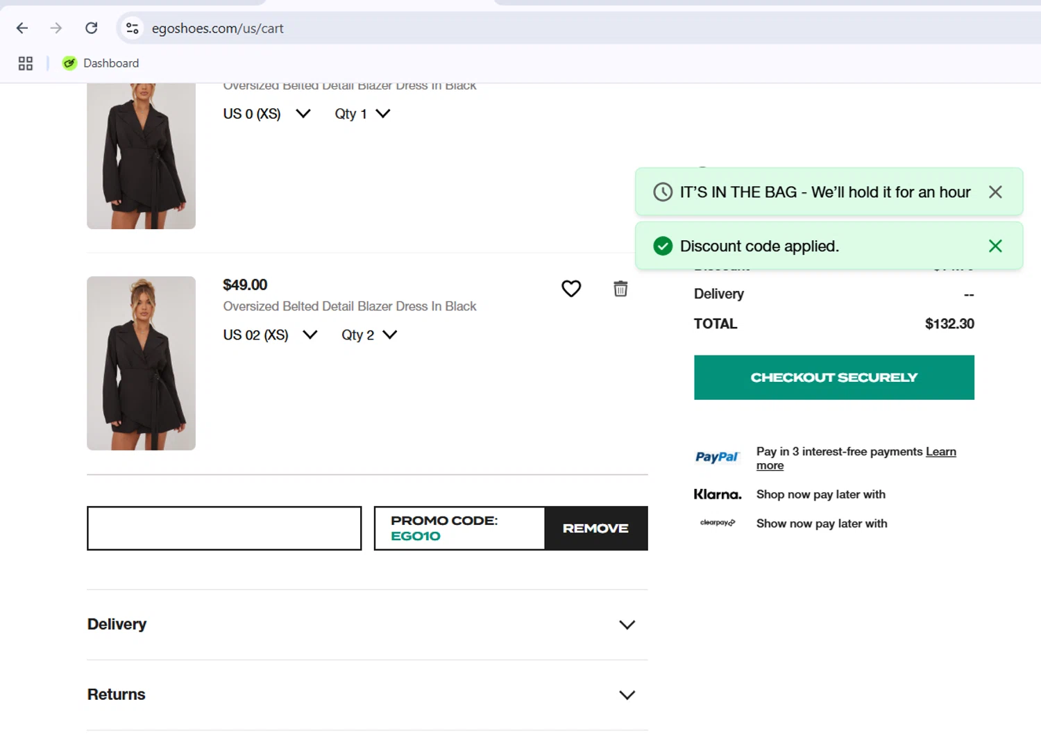 Ego Shoes coupon code screenshot showing code EGO10 applied at Ego Shoes checkout page. Uploaded by SimplyCodes community member CleverOwl2485 on May 4, 2025