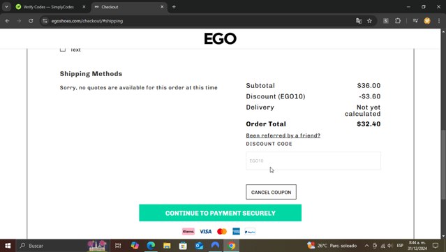 Ego Shoes checkout page showing Ego Shoes coupon code box | Screenshot taken by SimplyCodes community member on Dec 31, 2024