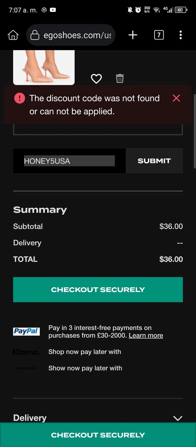 Ego Shoes coupon code screenshot showing code HONEY5USA applied at Ego Shoes checkout page. Uploaded by SimplyCodes community member Kaizen on Feb 16, 2025