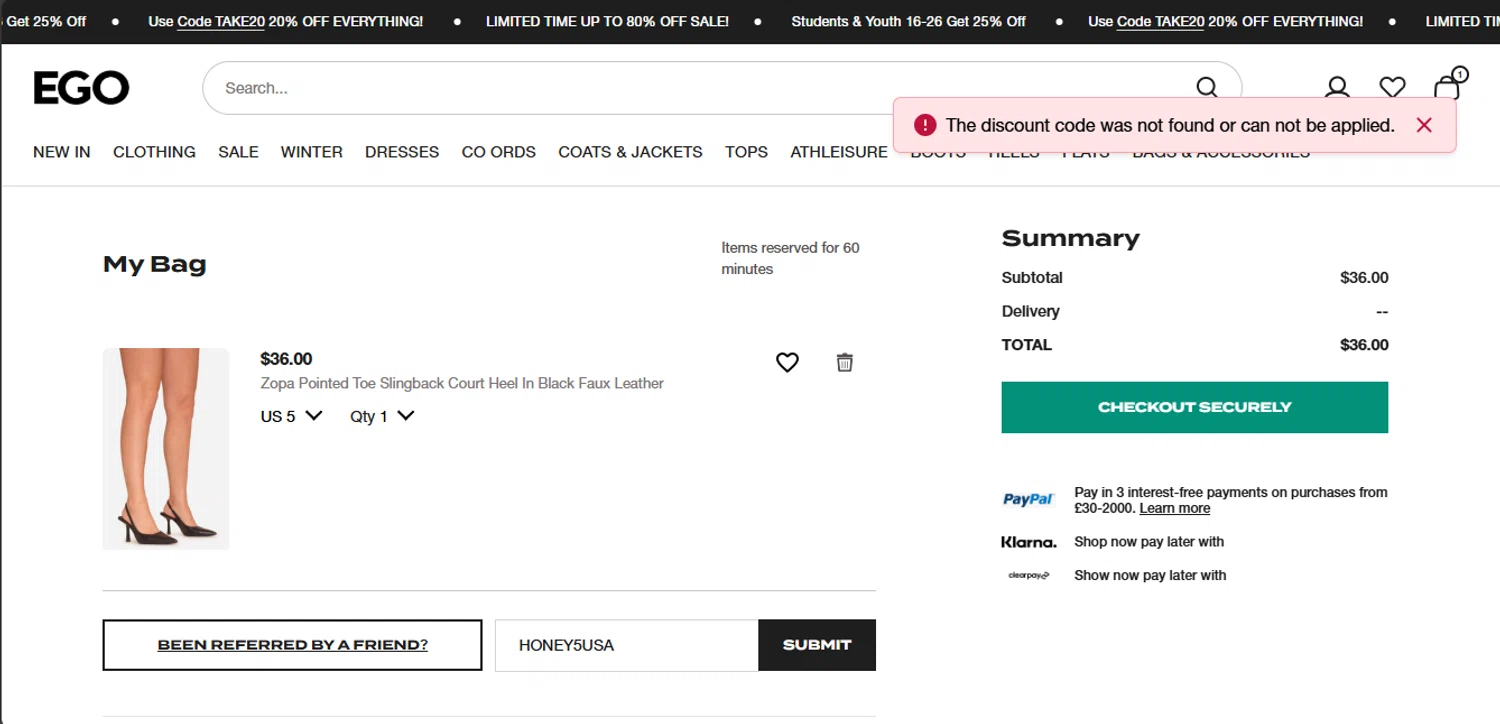 Ego Shoes coupon code screenshot showing code HONEY5USA applied at Ego Shoes checkout page. Uploaded by SimplyCodes community member DealFinder8915 on Feb 16, 2025