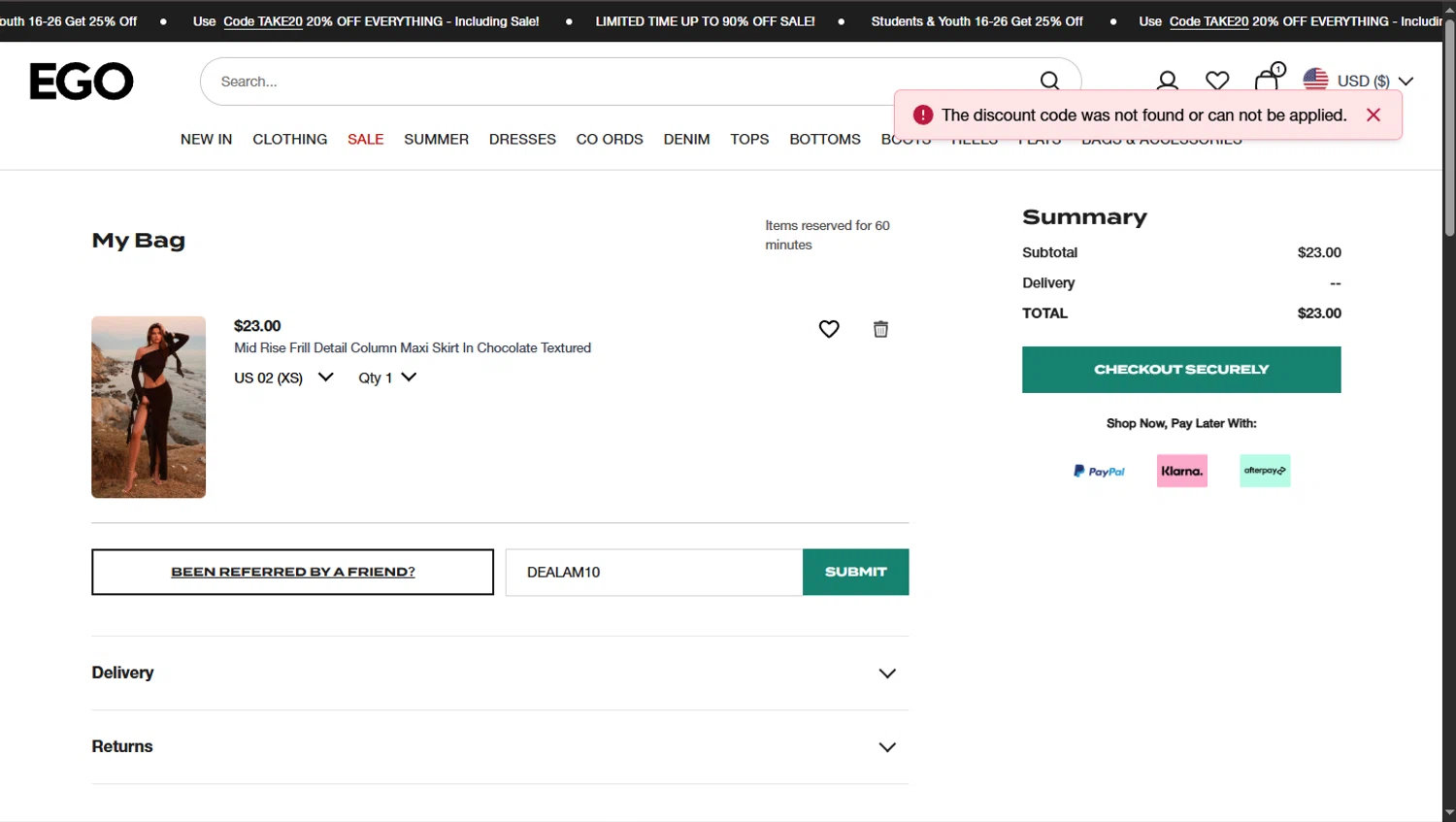 Ego Shoes coupon code screenshot showing code DEALAM10 applied at Ego Shoes checkout page. Uploaded by SimplyCodes community member TokioMiller on Aug 14, 2025