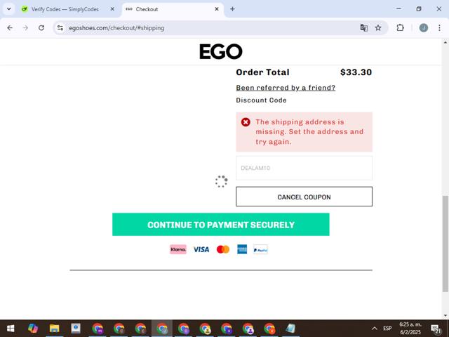 Ego Shoes checkout page showing Ego Shoes coupon code box | Screenshot taken by SimplyCodes community member on Feb 6, 2025