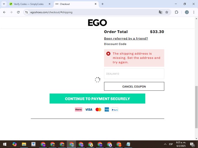 Ego Shoes checkout page showing Ego Shoes coupon code box | Screenshot taken by SimplyCodes community member on Feb 6, 2025