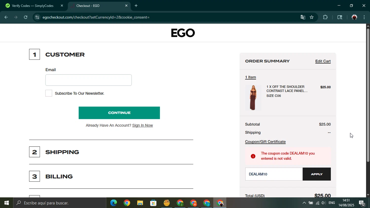 Ego Shoes coupon code screenshot showing code DEALAM10 applied at Ego Shoes checkout page. Uploaded by SimplyCodes community member youngonzalo on Aug 14, 2025
