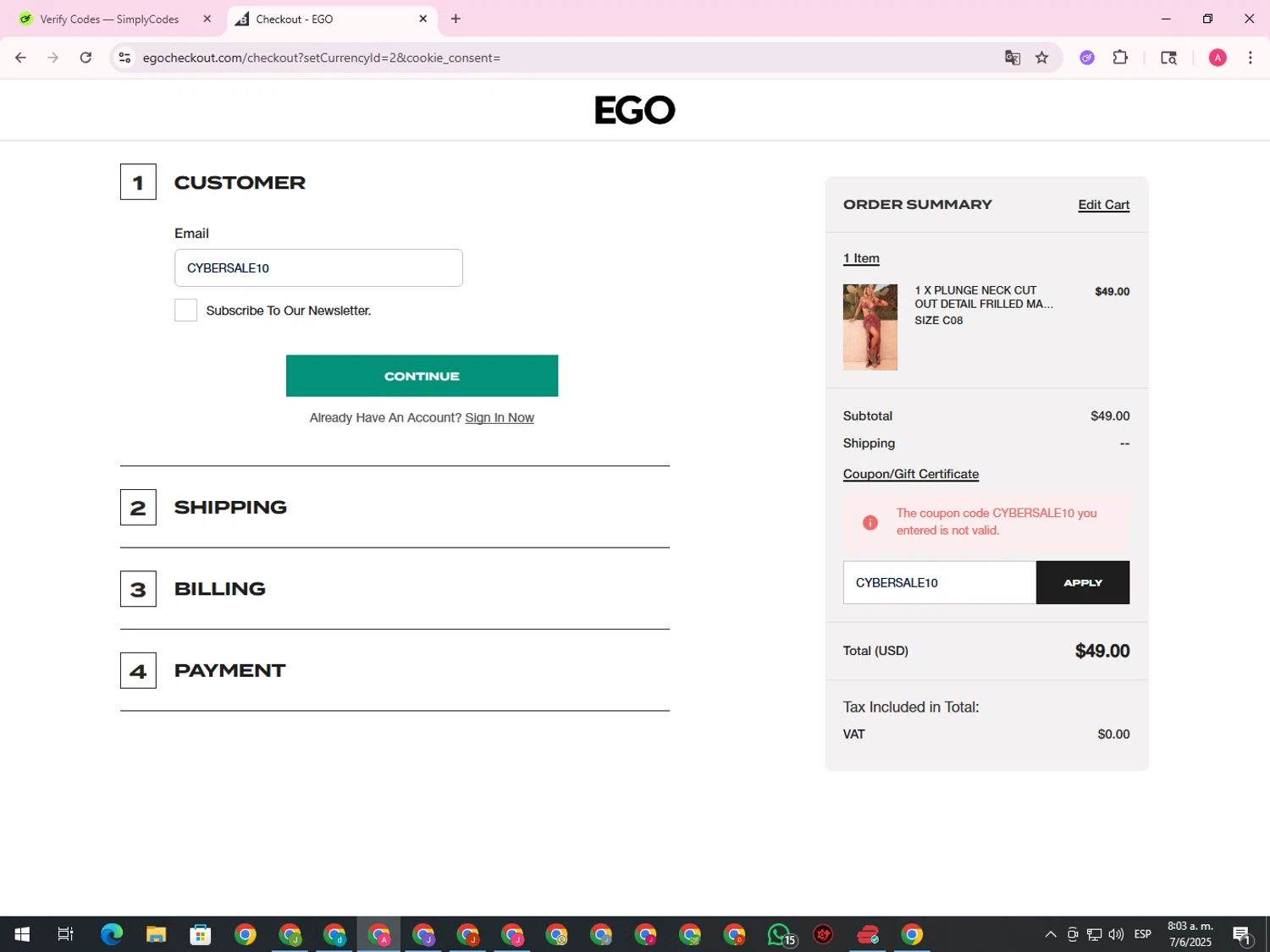 Ego Shoes coupon code screenshot showing code CYBERSALE10 applied at Ego Shoes checkout page. Uploaded by SimplyCodes community member CrownHawk3462 on Jun 7, 2025