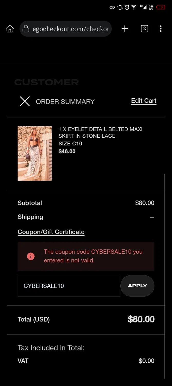 Ego Shoes coupon code screenshot showing code CYBERSALE10 applied at Ego Shoes checkout page. Uploaded by SimplyCodes community member Diego_Soto on Jun 7, 2025