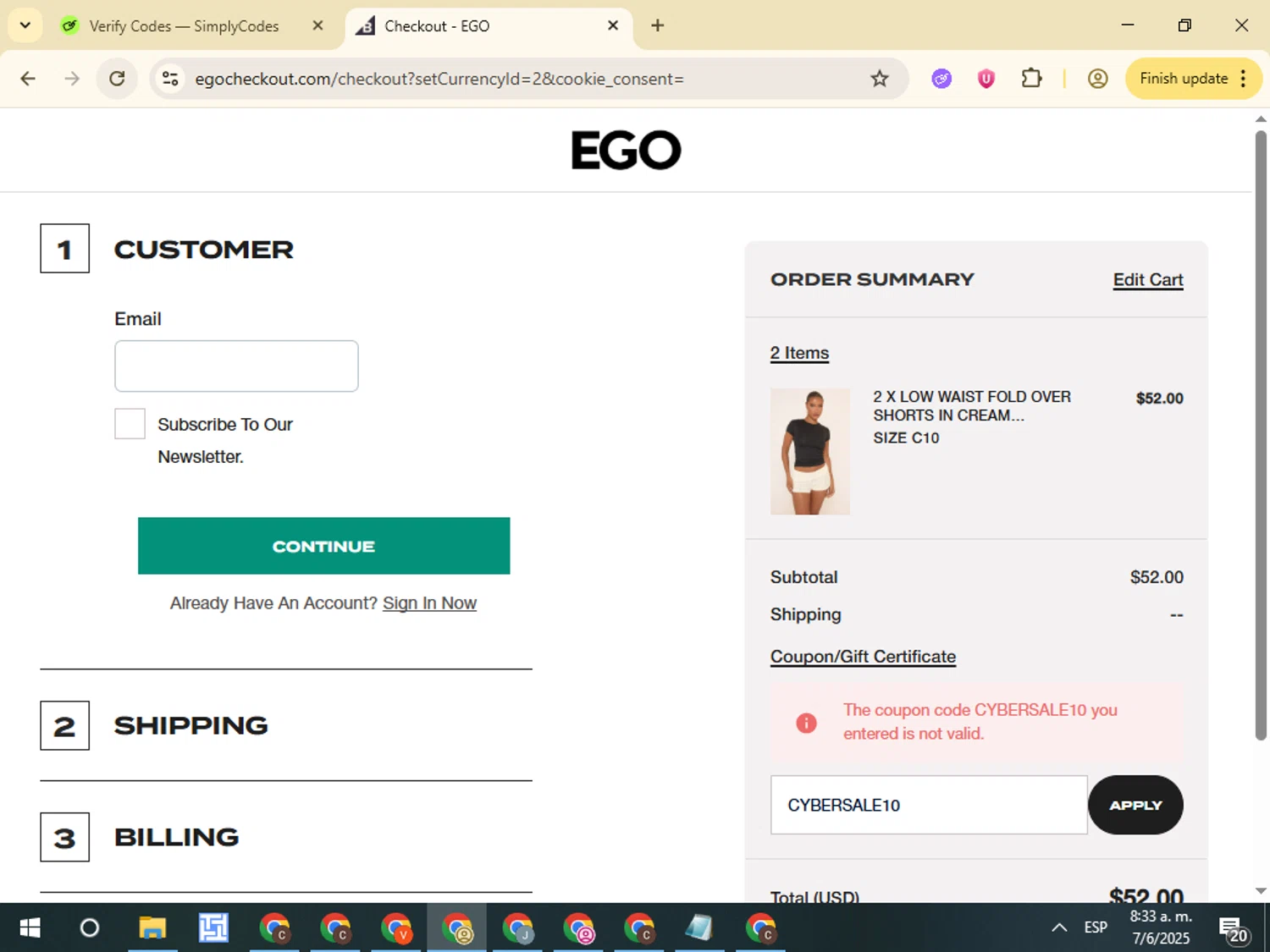 Ego Shoes coupon code screenshot showing code CYBERSALE10 applied at Ego Shoes checkout page. Uploaded by SimplyCodes community member VictorL on Jun 7, 2025