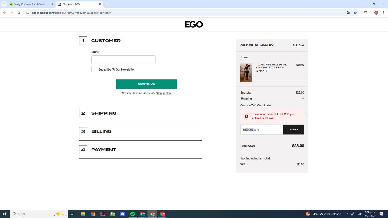 Ego Shoes coupon code screenshot showing code NEEDNEW10 applied at Ego Shoes checkout page. Uploaded by SimplyCodes community member SavvyTitan7306 on Aug 14, 2025