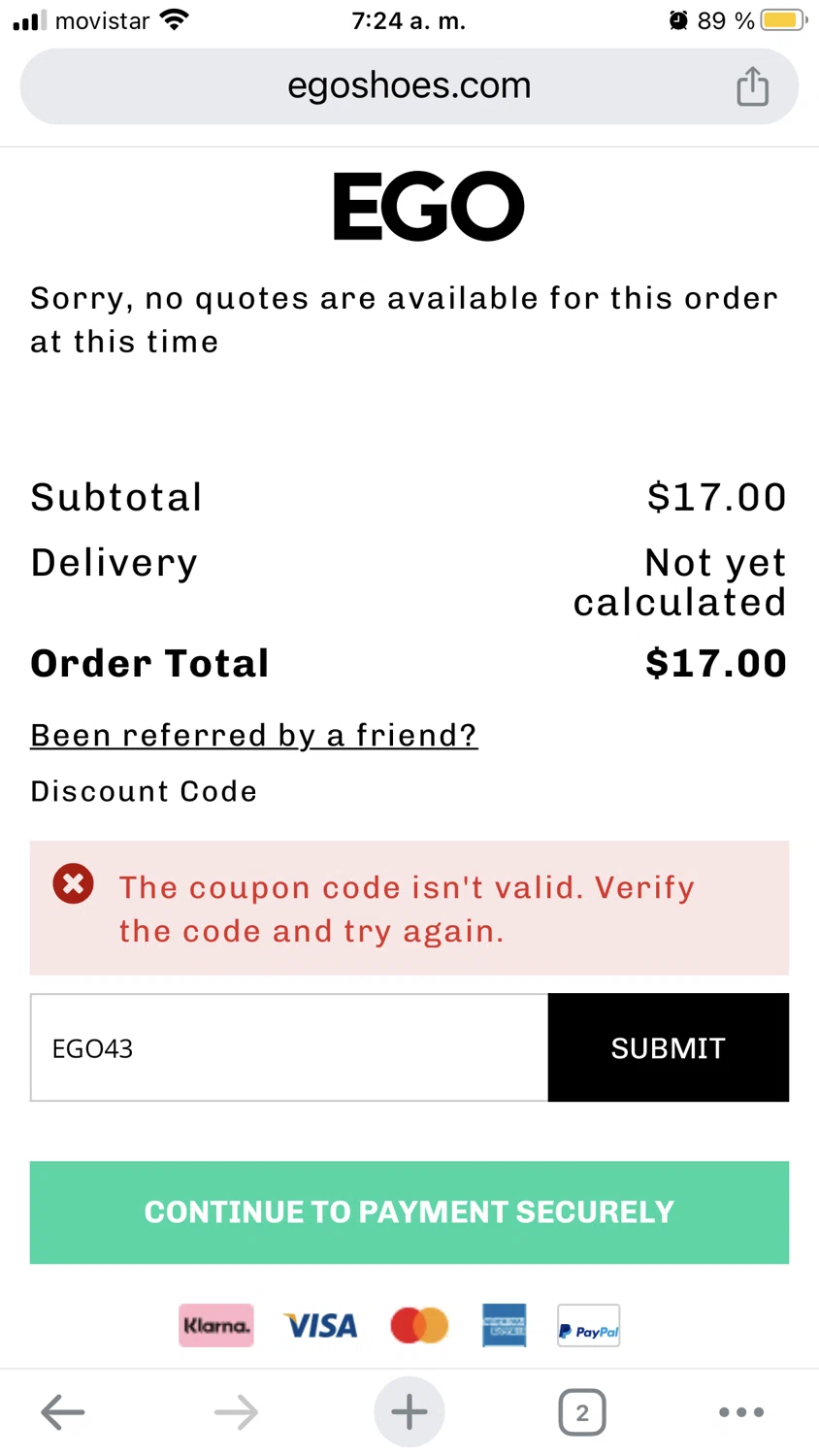 Ego Shoes coupon code screenshot showing code EGO43 applied at Ego Shoes checkout page. Uploaded by SimplyCodes community member ABHF23 on Jan 16, 2025