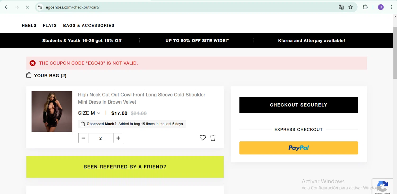 Ego Shoes coupon code screenshot showing code EGO43 applied at Ego Shoes checkout page. Uploaded by SimplyCodes community member ShrewdTiger1887 on Jan 16, 2025