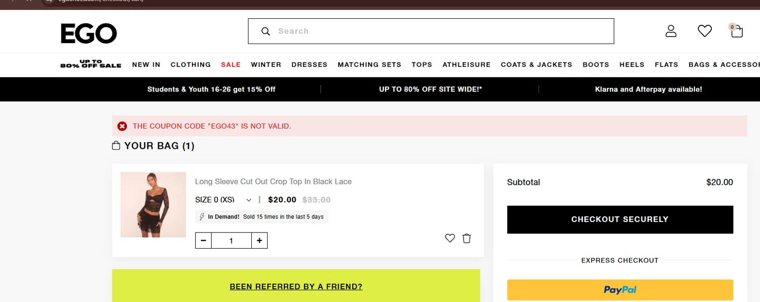 Ego Shoes coupon code screenshot showing code EGO43 applied at Ego Shoes checkout page. Uploaded by SimplyCodes community member MoneyVoyager8068 on Jan 16, 2025