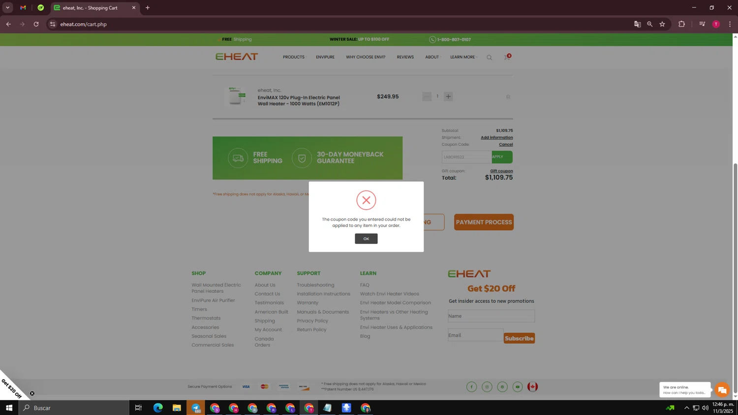 eheat checkout page showing eheat coupon code box | Screenshot taken by SimplyCodes community member on Mar 11, 2025
