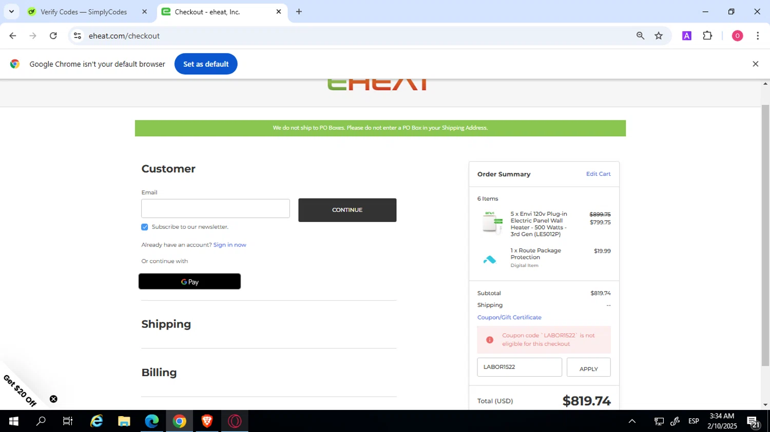eheat checkout page showing eheat coupon code box | Screenshot taken by SimplyCodes community member on Feb 10, 2025