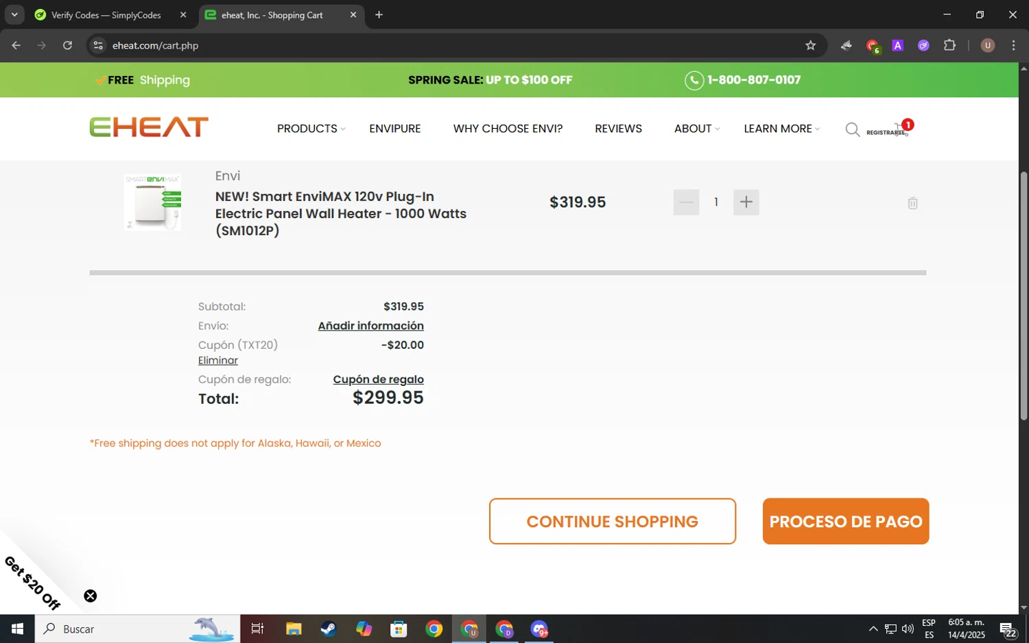 eheat checkout page showing eheat coupon code box | Screenshot taken by SimplyCodes community member on Apr 14, 2025