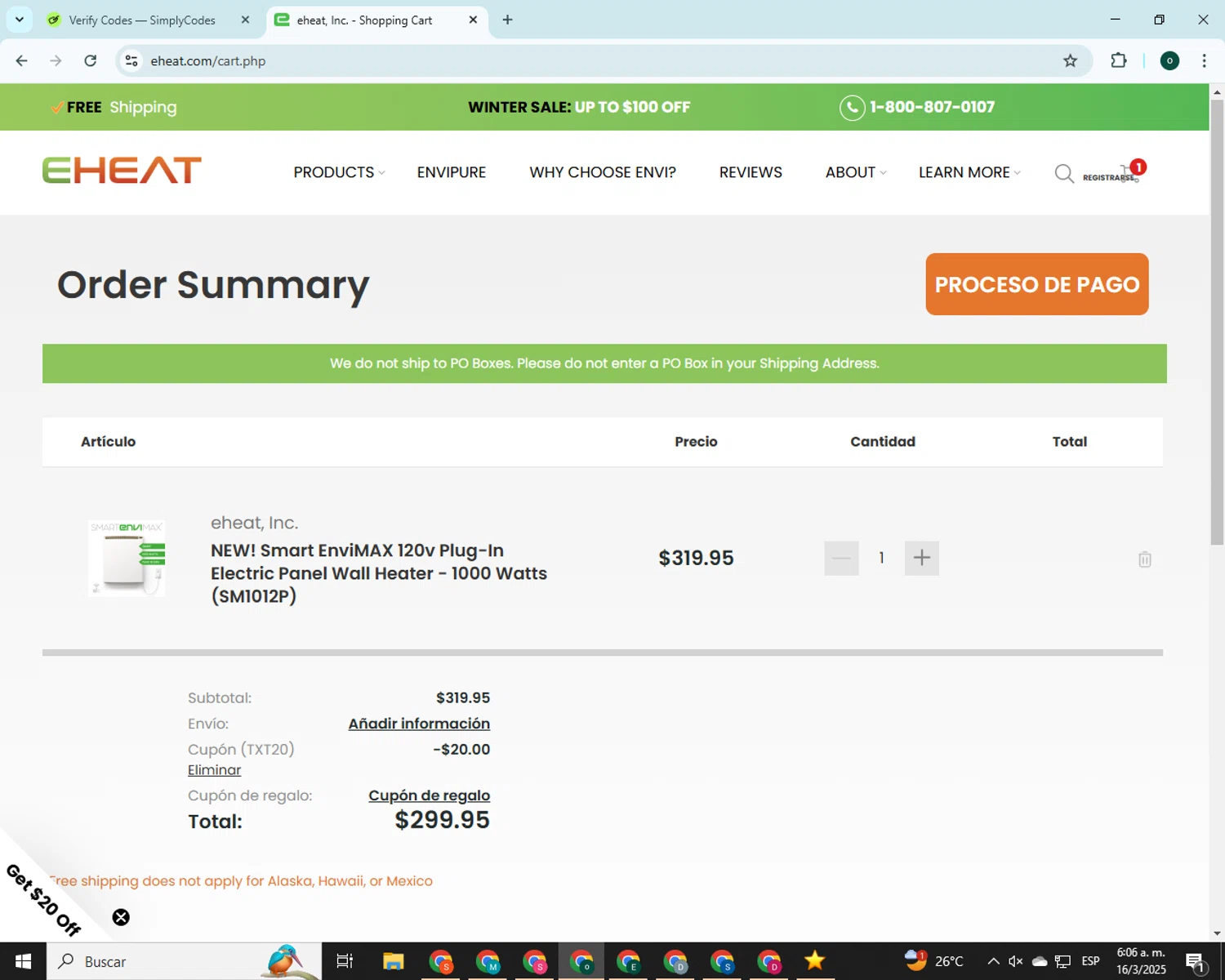 eheat checkout page showing eheat coupon code box | Screenshot taken by SimplyCodes community member on Mar 16, 2025