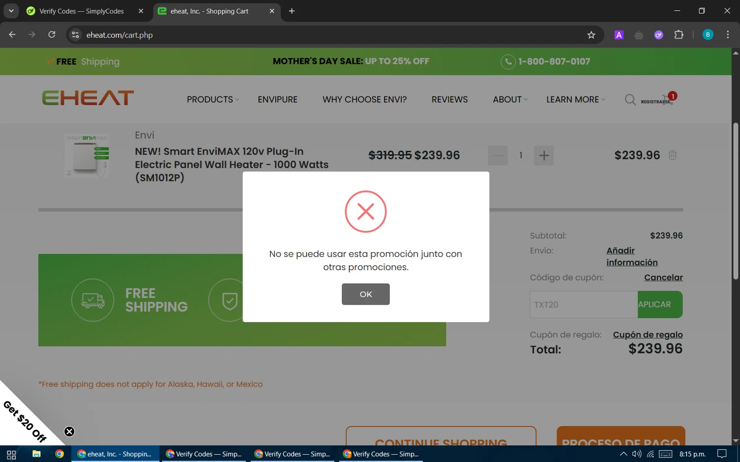 eheat checkout page showing eheat coupon code box | Screenshot taken by SimplyCodes community member on May 11, 2025