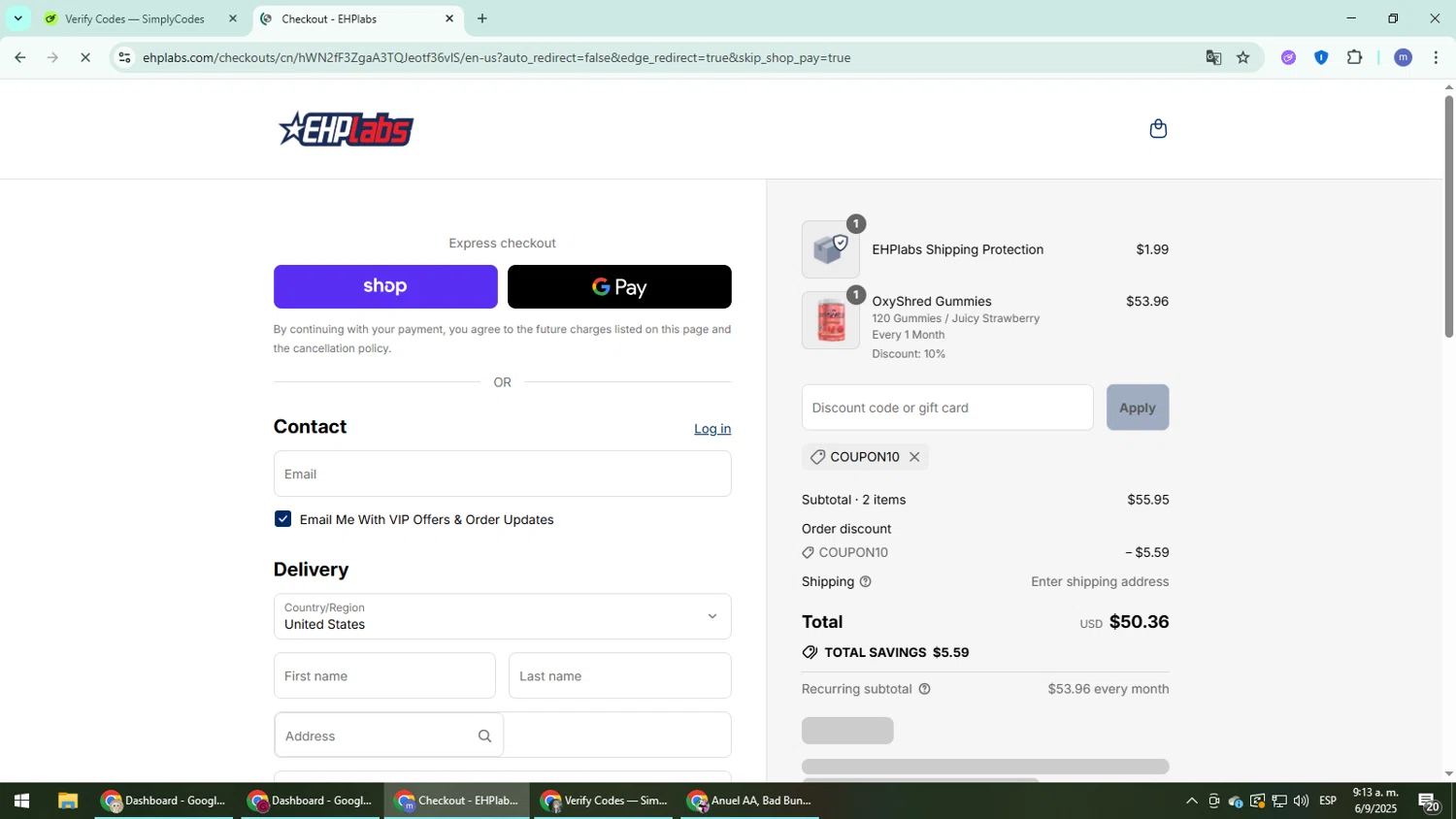 EHPlabs discount code screenshot showing code COUPON10 applied at EHPlabs checkout page. Uploaded by SimplyCodes community member QuestDefender2661 on Sep 6, 2025