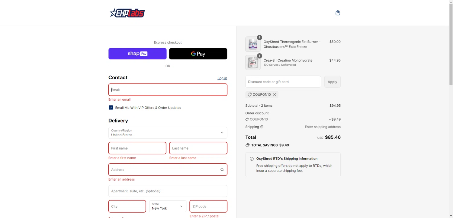 EHPlabs discount code screenshot showing code COUPON10 applied at EHPlabs checkout page. Uploaded by SimplyCodes community member RewardTitan728 on Aug 2, 2025