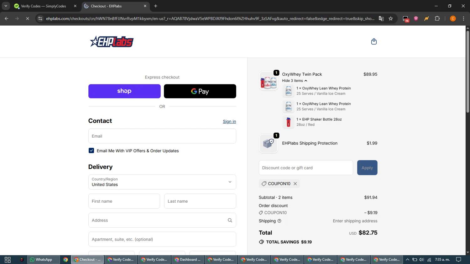 EHPlabs discount code screenshot showing code COUPON10 applied at EHPlabs checkout page. Uploaded by SimplyCodes community member guest_192805448 on Jan 2, 2026