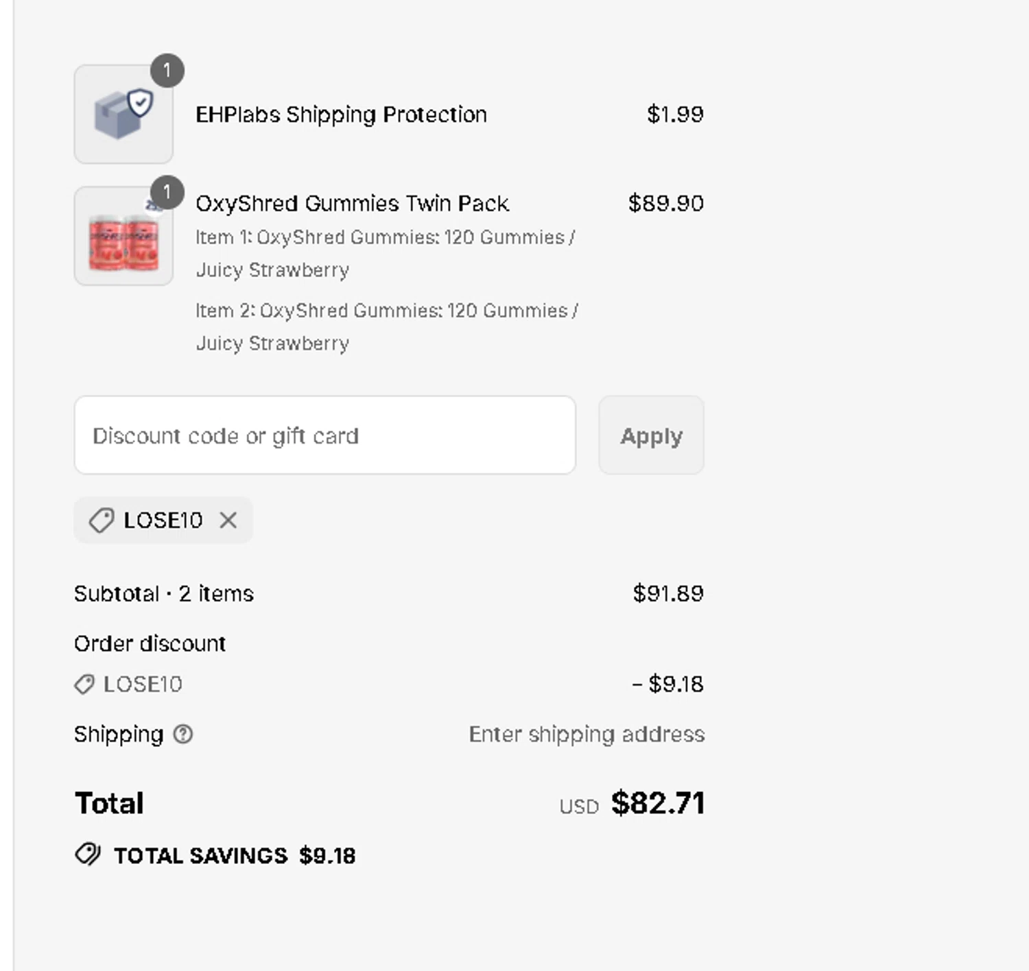 EHPlabs discount code screenshot showing code LOSE10 applied at EHPlabs checkout page. Uploaded by SimplyCodes community member Netheryno on Sep 6, 2025