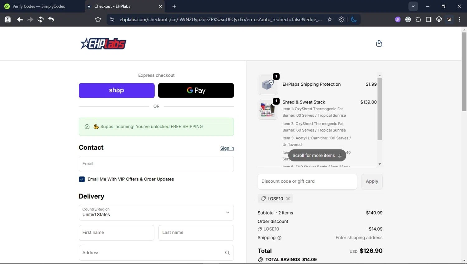 EHPlabs discount code screenshot showing code LOSE10 applied at EHPlabs checkout page. Uploaded by SimplyCodes community member User_Randon1 on Oct 22, 2025