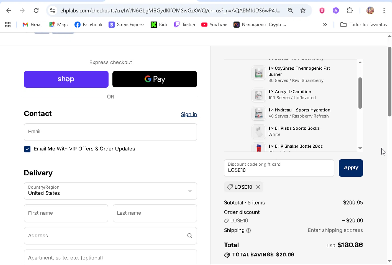 EHPlabs discount code screenshot showing code LOSE10 applied at EHPlabs checkout page. Uploaded by SimplyCodes community member ronaldhernandez on Dec 10, 2025