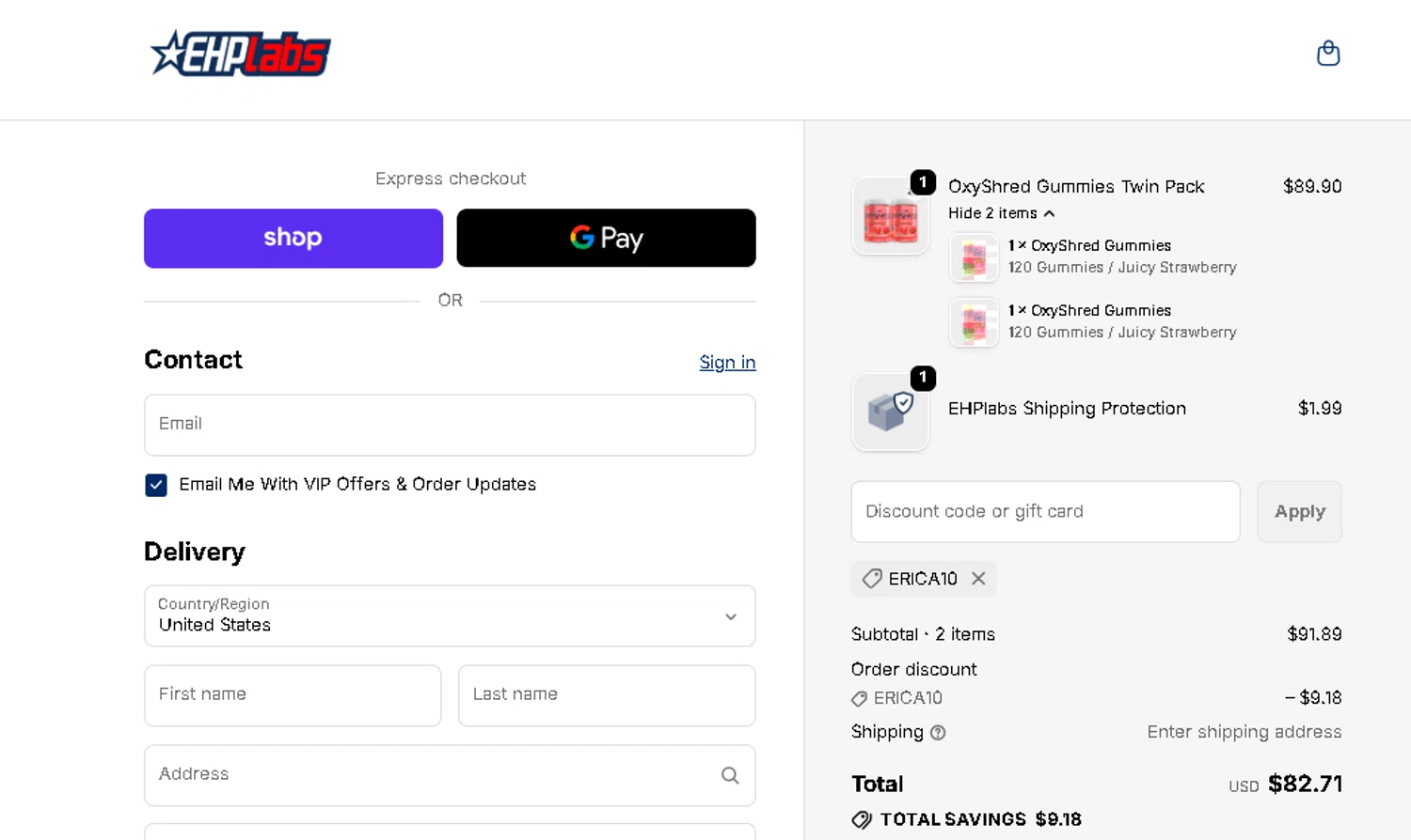 EHPlabs discount code screenshot showing code ERICA10 applied at EHPlabs checkout page. Uploaded by SimplyCodes community member tuvalu10 on Oct 26, 2025