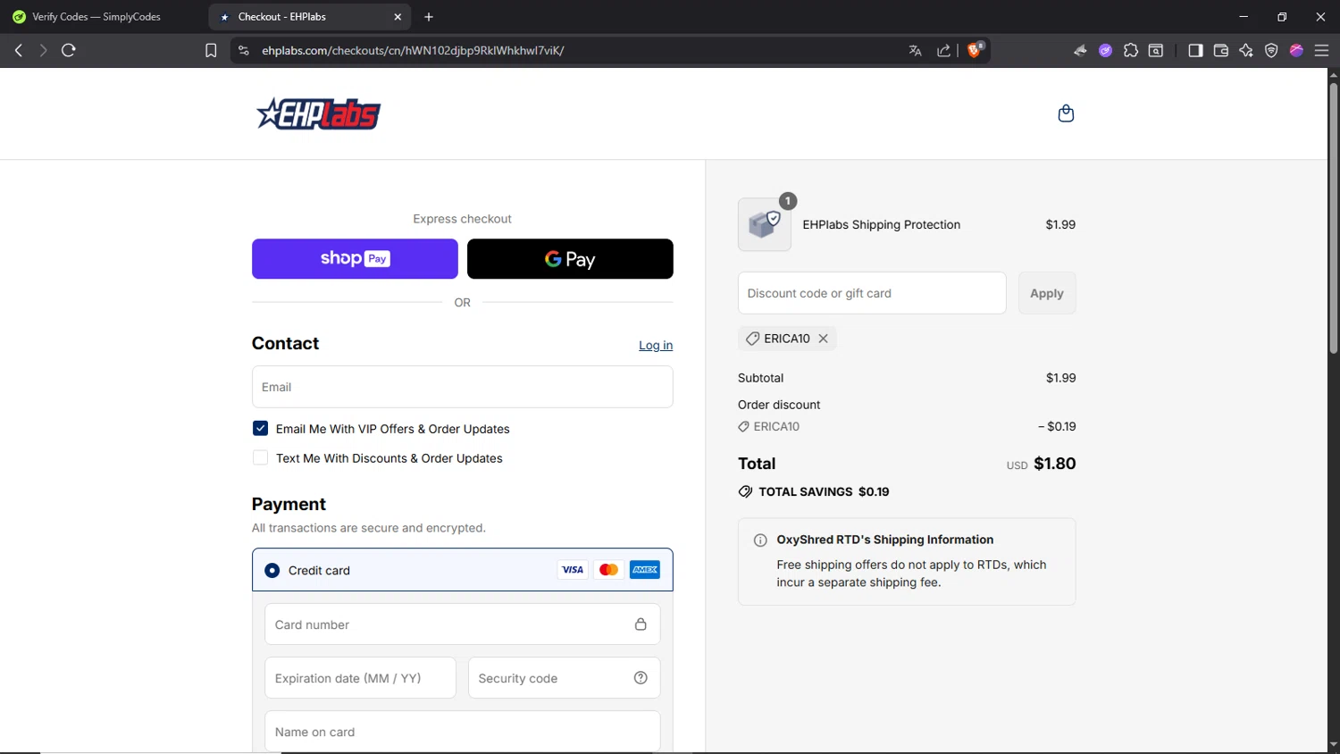 EHPlabs discount code screenshot showing code ERICA10 applied at EHPlabs checkout page. Uploaded by SimplyCodes community member Morrachida04 on Aug 14, 2025