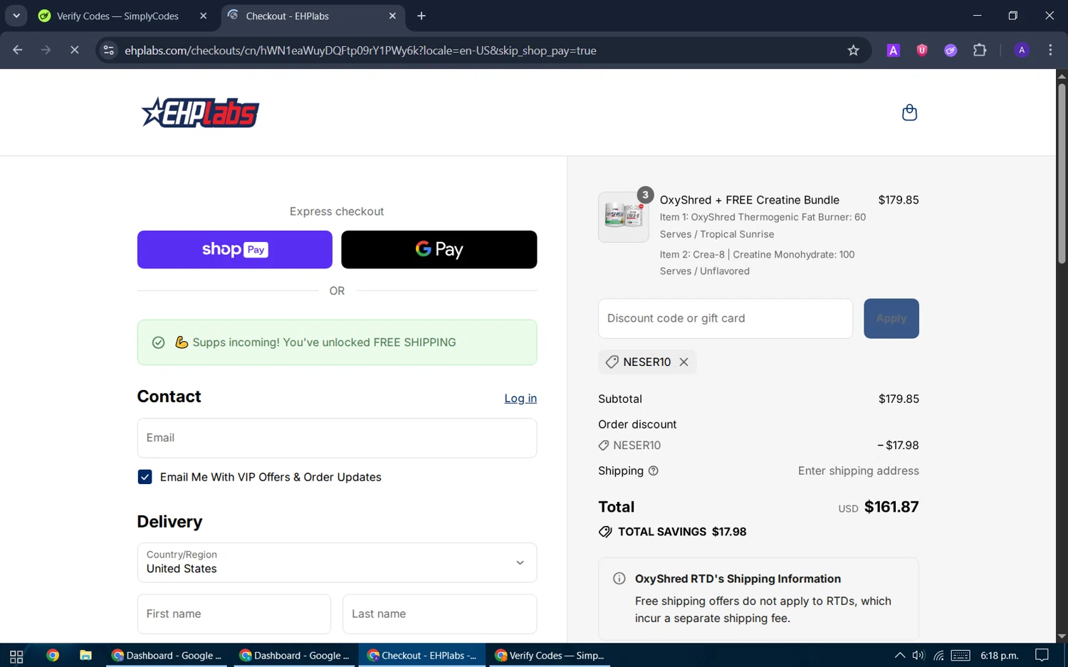 EHPlabs discount code screenshot showing code NESER10 applied at EHPlabs checkout page. Uploaded by SimplyCodes community member ThriftySentinel2853 on Aug 10, 2025