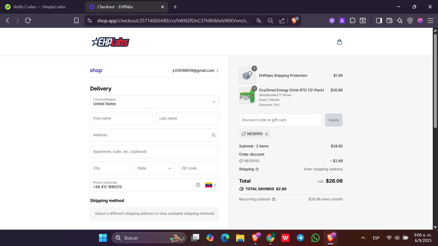 EHPlabs discount code screenshot showing code NESER10 applied at EHPlabs checkout page. Uploaded by SimplyCodes community member Toji_fushiguro on Sep 6, 2025