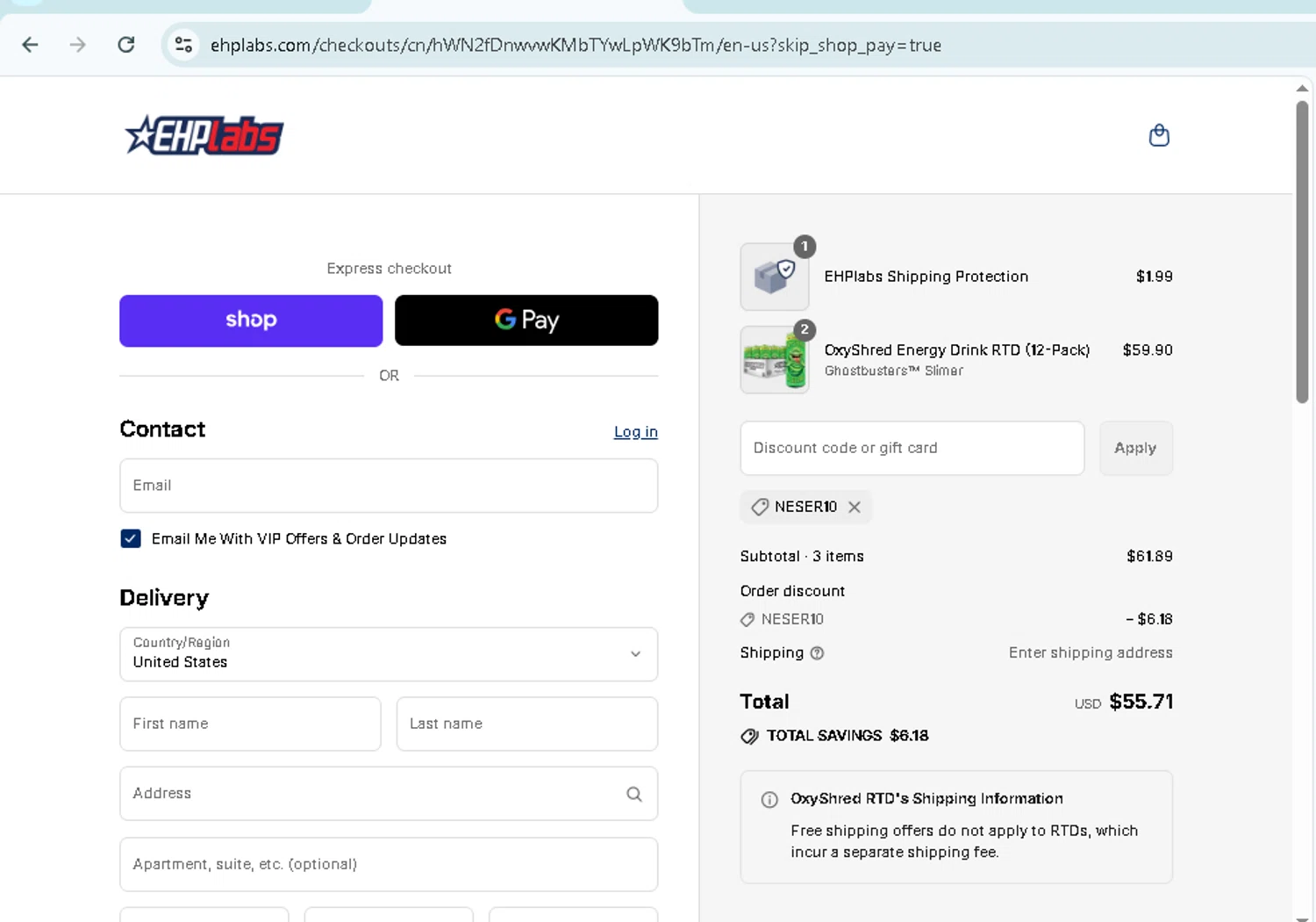 EHPlabs discount code screenshot showing code NESER10 applied at EHPlabs checkout page. Uploaded by SimplyCodes community member TokenMonarch796 on Sep 6, 2025
