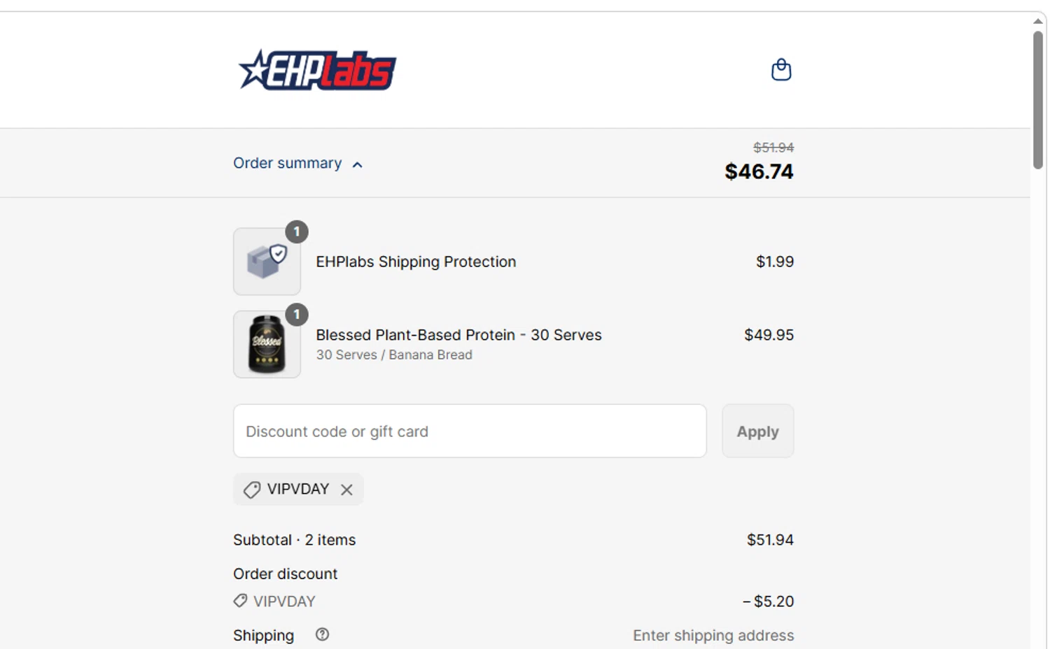 EHPlabs discount code screenshot showing code VIPVDAY applied at EHPlabs checkout page. Uploaded by SimplyCodes community member luislopez669902715 on Jun 16, 2025