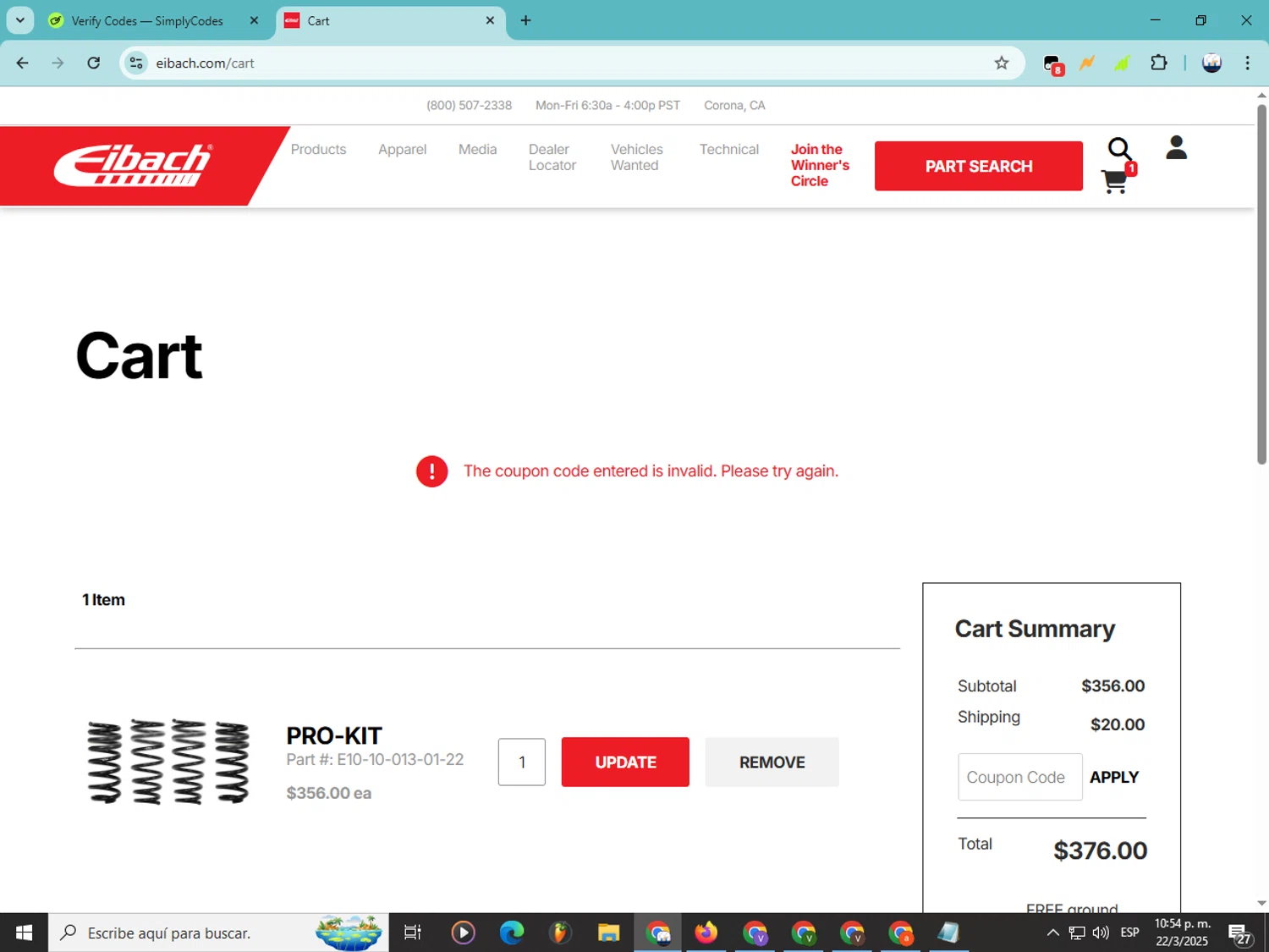Eibach coupon code screenshot showing code FREESHIP applied at Eibach checkout page. Uploaded by SimplyCodes community member Soyvictor on Mar 23, 2025