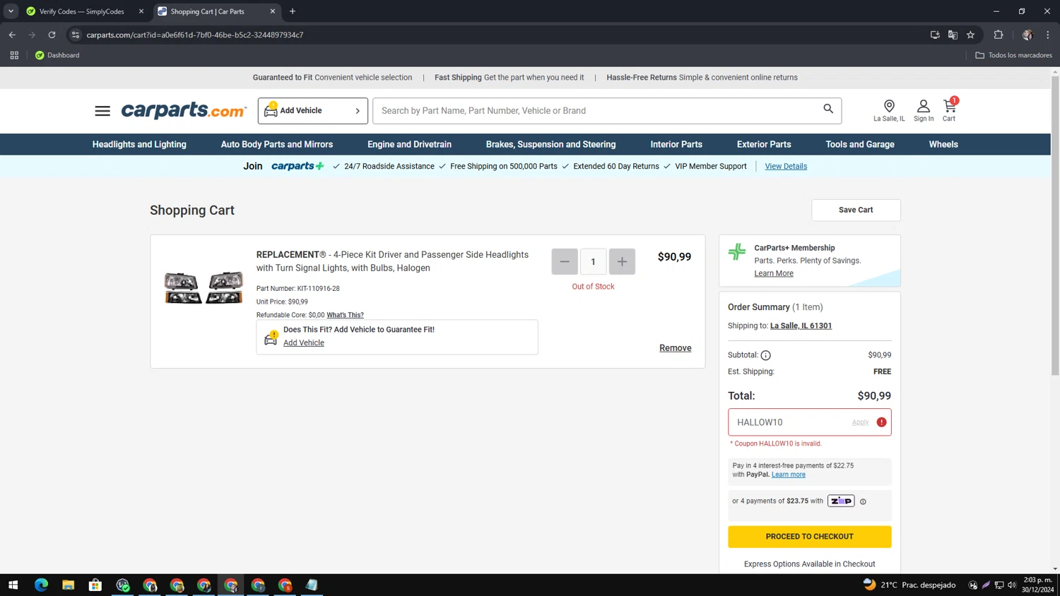 Eibach coupon code screenshot showing code HALLOW10 applied at Eibach checkout page. Uploaded by SimplyCodes community member MagnificentAce6663 on Dec 30, 2024