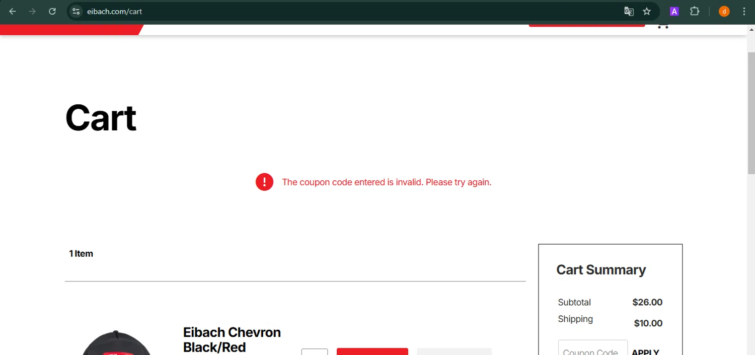Eibach coupon code screenshot showing code XEIBSHIP18 applied at Eibach checkout page. Uploaded by SimplyCodes community member PennyAdmiral6960 on Jan 17, 2025
