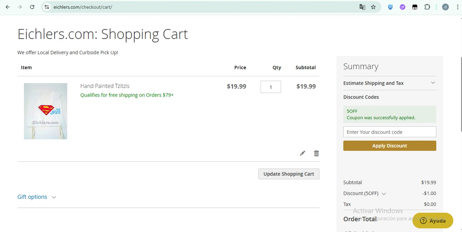 Eichler's.com discount code screenshot showing code 5OFF applied at Eichler's.com checkout page. Uploaded by SimplyCodes community member DiscountSentinel4830 on Jun 7, 2025