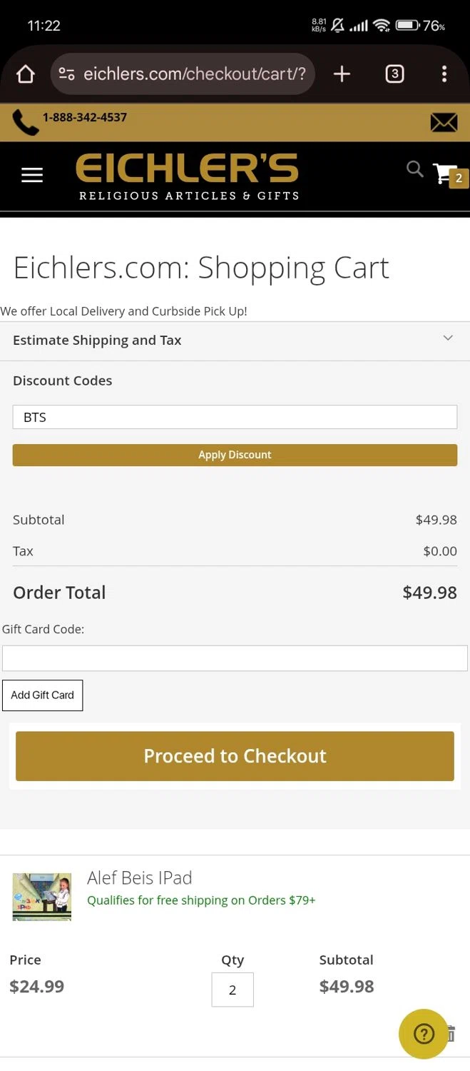 Eichler's.com checkout page showing Eichler's.com discount code box | Screenshot taken by SimplyCodes community member on Sep 11, 2025
