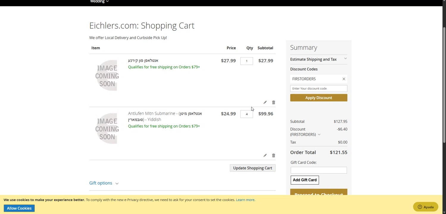 Eichler's.com discount code screenshot showing code FIRSTORDER5 applied at Eichler's.com checkout page. Uploaded by SimplyCodes community member Ryukyu on May 24, 2025