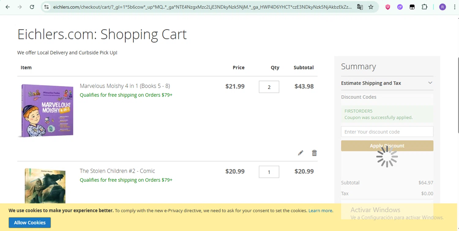 Eichler's.com discount code screenshot showing code FIRSTORDER5 applied at Eichler's.com checkout page. Uploaded by SimplyCodes community member ShrewdTiger1887 on Jun 7, 2025
