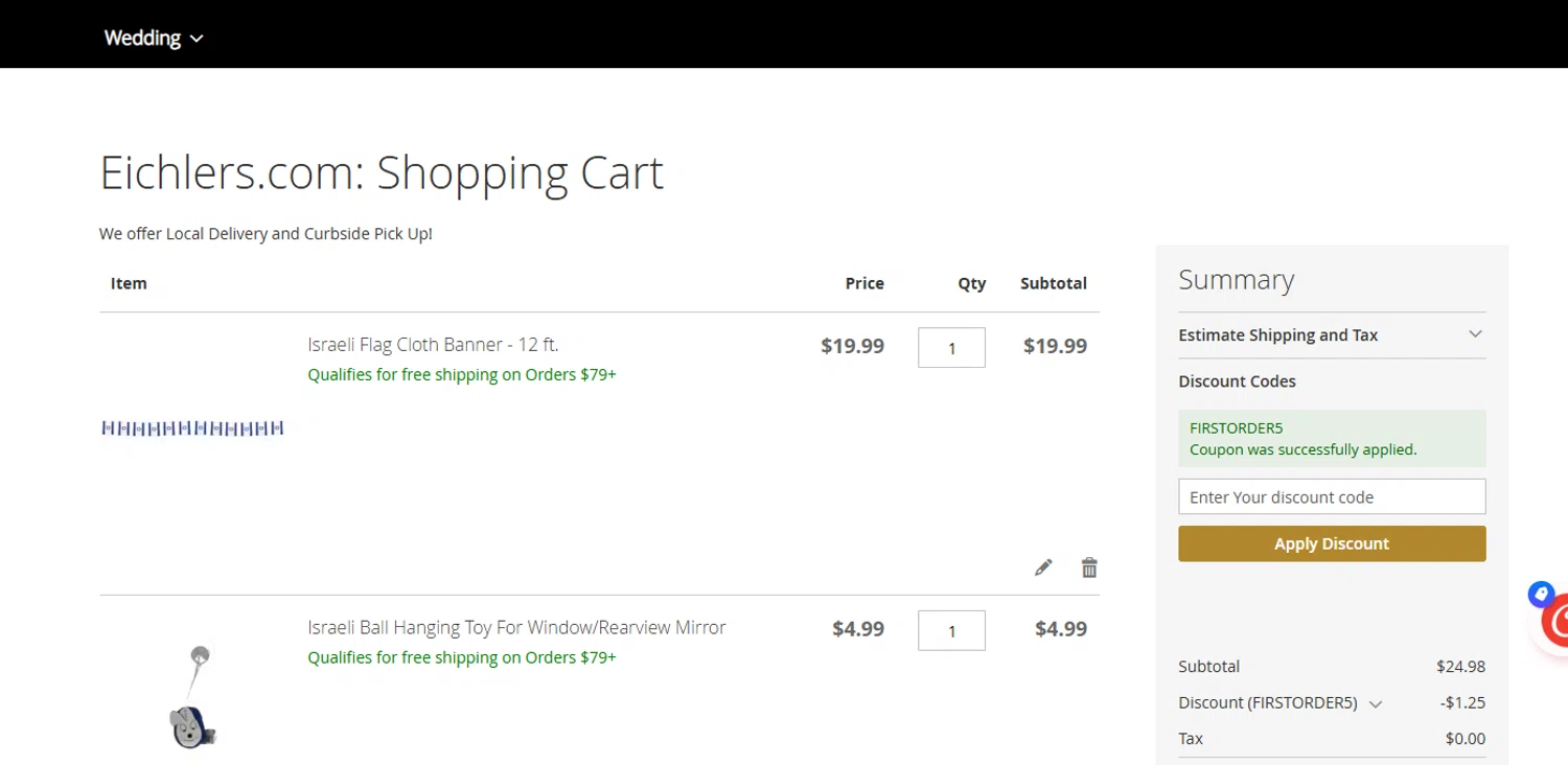 Eichler's.com discount code screenshot showing code FIRSTORDER5 applied at Eichler's.com checkout page. Uploaded by SimplyCodes community member ashe1986 on May 20, 2025