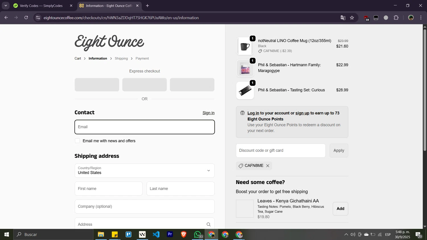 Eight Ounce Coffee discount code screenshot showing code CAFN8ME applied at Eight Ounce Coffee checkout page. Uploaded by SimplyCodes community member Moisesdk0 on Sep 30, 2025