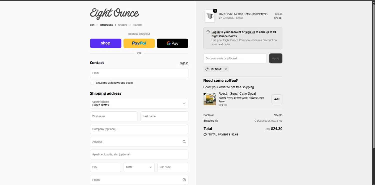 Eight Ounce Coffee checkout page showing Eight Ounce Coffee discount code box | Screenshot taken by SimplyCodes community member on Jan 27, 2026