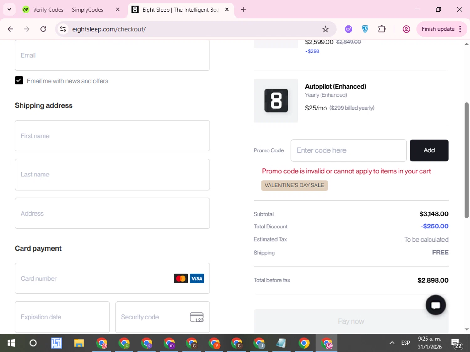 Eight Sleep promo code screenshot showing code SMARTLESS applied at Eight Sleep checkout page. Uploaded by SimplyCodes community member QuestCurator1644 on Jan 31, 2026
