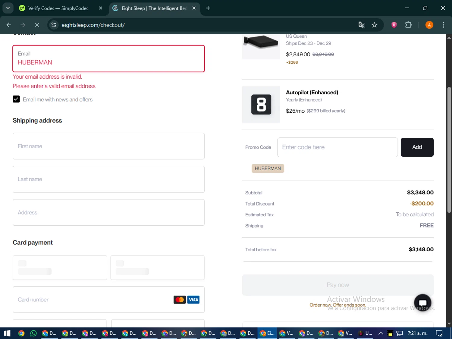 Eight Sleep promo code screenshot showing code HUBERMAN applied at Eight Sleep checkout page. Uploaded by SimplyCodes community member MoneyPhoenix4664 on Dec 22, 2025