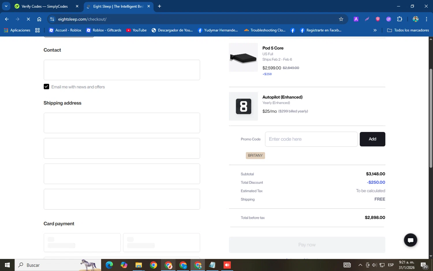 Eight Sleep promo code screenshot showing code BRITANY applied at Eight Sleep checkout page. Uploaded by SimplyCodes community member XemoGOD on Jan 31, 2026