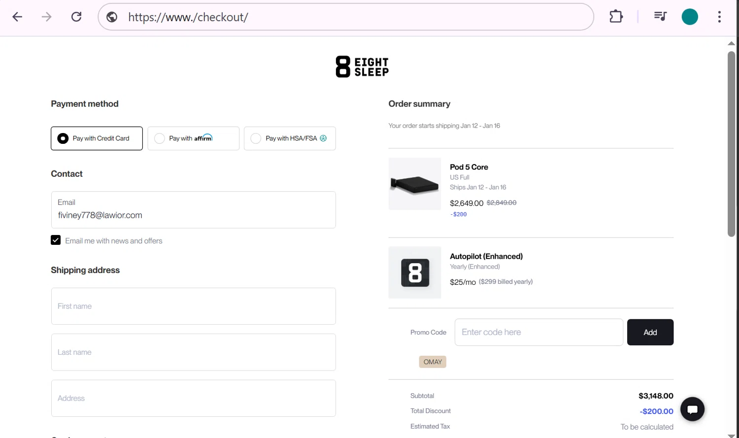 Eight Sleep promo code screenshot showing code OMAY applied at Eight Sleep checkout page. Uploaded by SimplyCodes community member anosesmith on Jan 10, 2026
