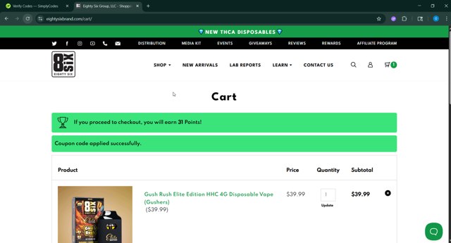 Eighty Six checkout page showing Eighty Six coupon code box | Screenshot taken by SimplyCodes community member on Jun 30, 2025