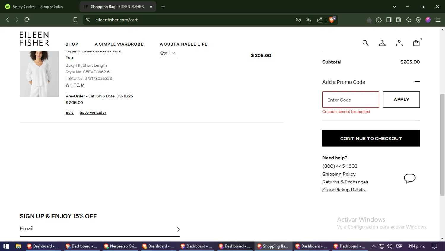 Eileen Fisher checkout page showing Eileen Fisher promo code box | Screenshot taken by SimplyCodes community member on Feb 18, 2025